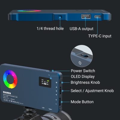 Flexible LED photography light with adjustable color and brightness, portable design, touchscreen OLED display, USB-C and Type-C input, ideal for professional photography and video shoots.