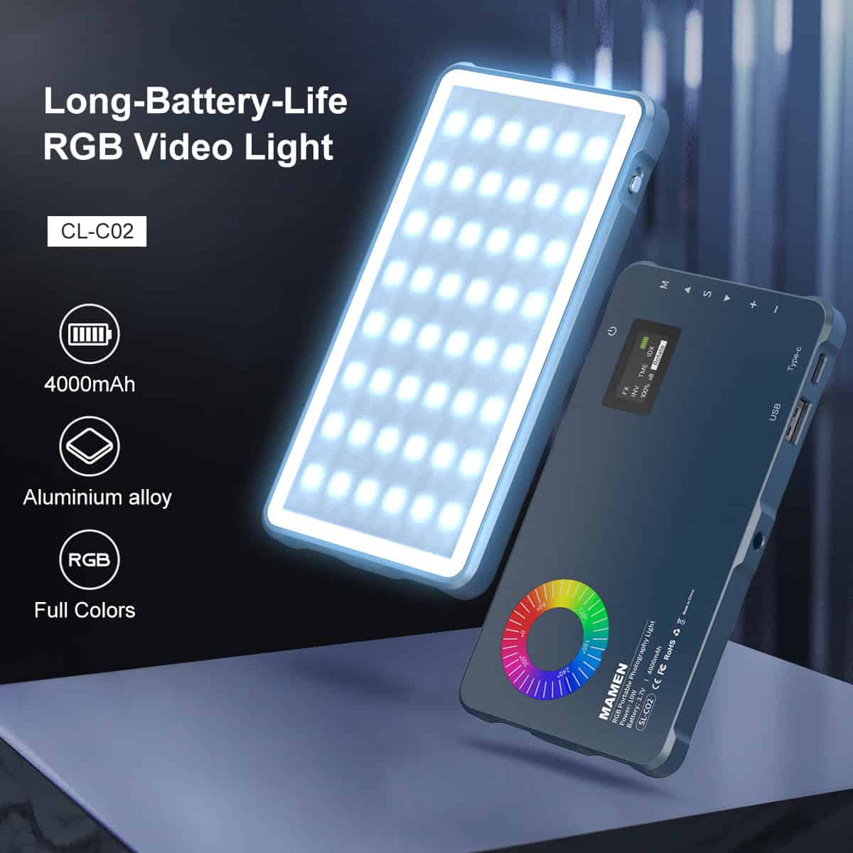 Rechargeable RGB video light with long battery life, 4000mAh, aluminum alloy construction for professional photography and videography, compatible with Monalisa Medical products.