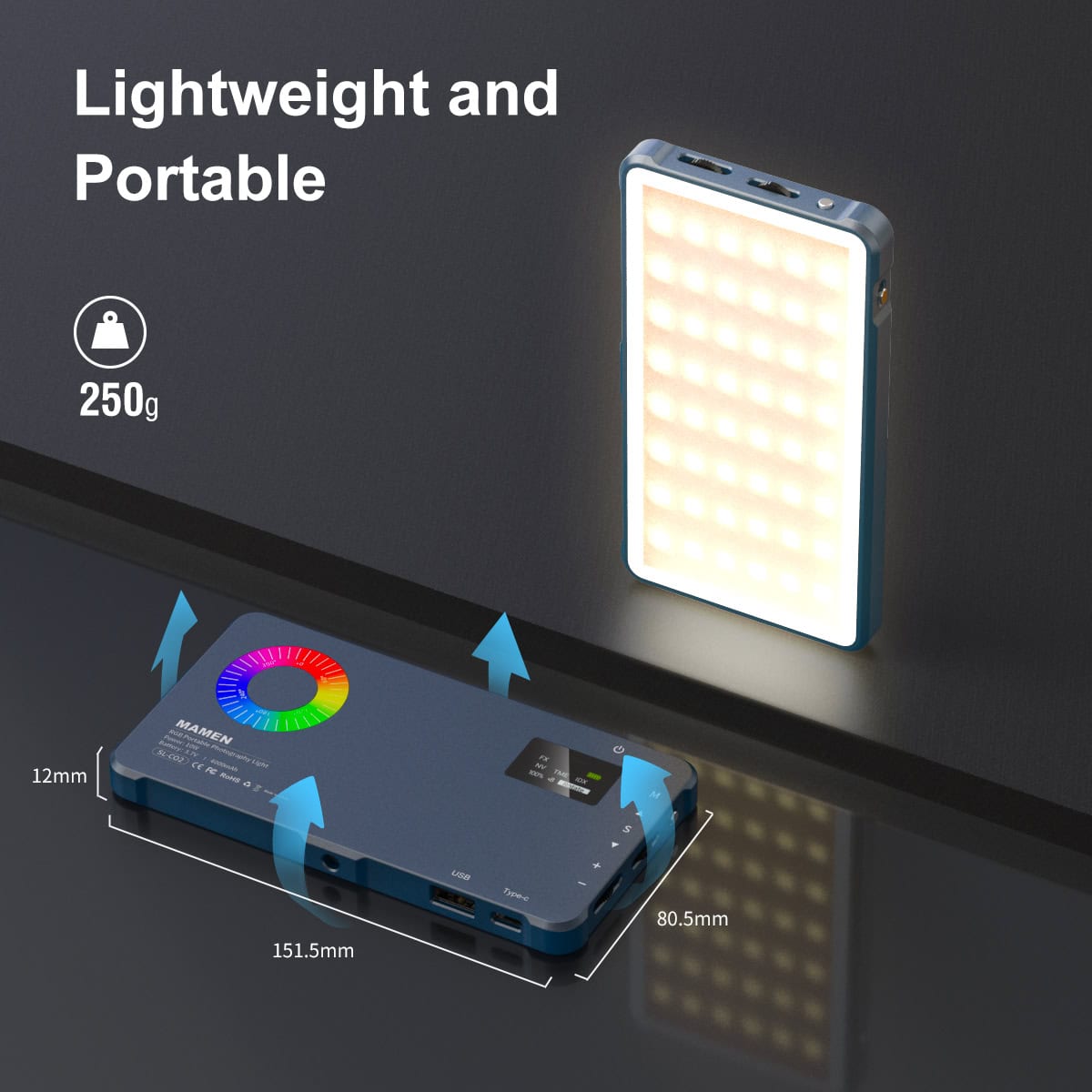 LED photography light with compact, lightweight design, 250g, portable for professional and studio use. Perfect for enhancing visual clarity in product photography.