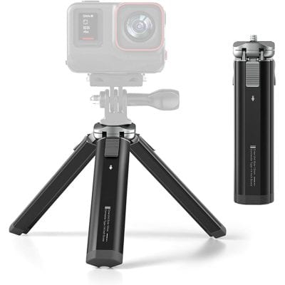 Portable camera stabilizer for smooth video recording, compatible with action cameras like GoPro, with adjustable tripod and lightweight design for easy travel use.