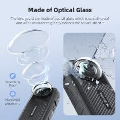 Scratch-resistant optical glass lens cover protecting a smartphone camera, demonstrating durability and wear resistance.