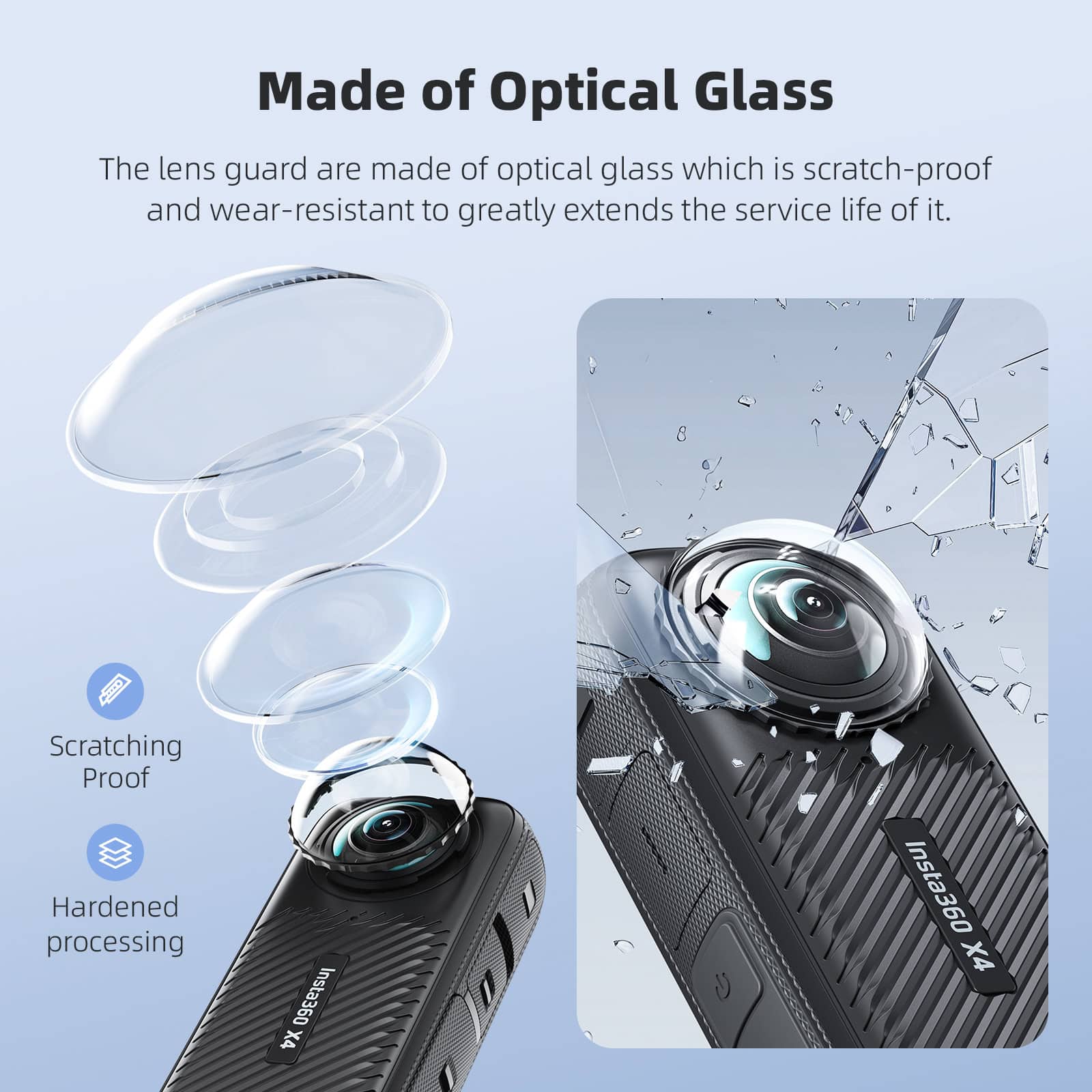 Scratch-resistant optical glass lens cover protecting a smartphone camera, demonstrating durability and wear resistance.