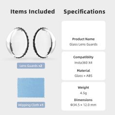 High-quality glass lens guards compatible with Insta360 X4, including 2 lens protectors and 1 cleaning cloth, designed for optimal camera protection and clarity.