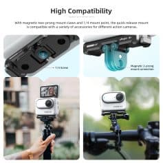 Magnetic quick release mount for action cameras, compatible with various accessories, featuring 1/4 screw and 2-prong connection.