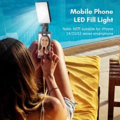 Mobile phone with LED fill light for selfies, perfect for beach or poolside photography, non-iPhone compatible, suitable for Samsung Galaxy 14/13/12 series smartphones.
