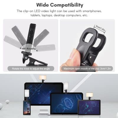 Flexible clip-on LED light for tablets, smartphones, laptops, and desktops, with 160° rotation and adjustable angle, compatible with wide devices, perfect for enhancing video lighting at Monalisa Store.
