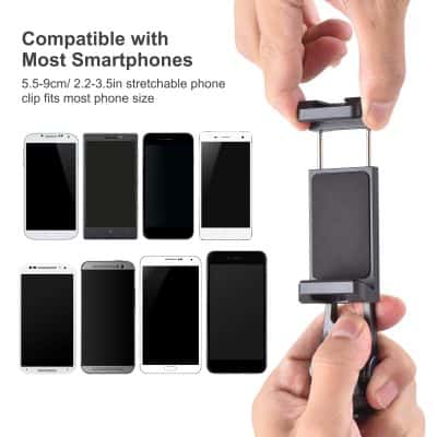 Compatible with most smartphones, 5.5-9cm/2.2-3.5in stretchable phone clip, adjustable for various phone sizes, ideal for secure, hands-free phone use.