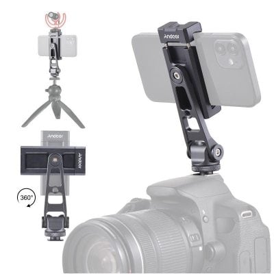 Versatile camera mount with adjustable phone holder and tripod, ideal for professional photography and content creation, compatible with smartphones and DSLR cameras for high-quality images.