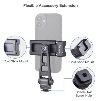 Cold shoe mount phone holder for flexible accessory extension, compatible with various smartphones, perfect for photography and videography.