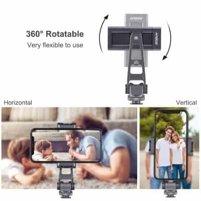 Flexible 360° rotatable phone holder for selfies and videos, compatible with all smartphones, and perfect for capturing moments vertically or horizontally.
