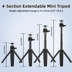 Adjustable mini tripod for photography and videography, lightweight and portable, with height from 15cm to 27cm. Perfect for smartphones, cameras, and DSLR setups.