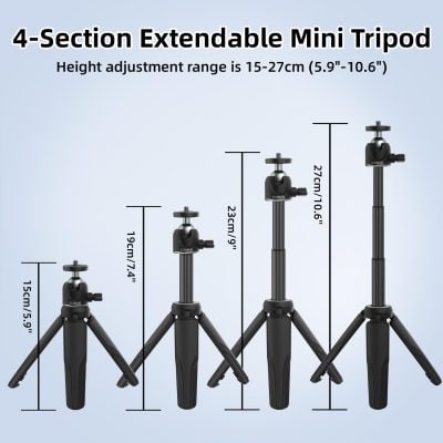 Adjustable mini tripod for photography and videography, lightweight and portable, with height from 15cm to 27cm. Perfect for smartphones, cameras, and DSLR setups.