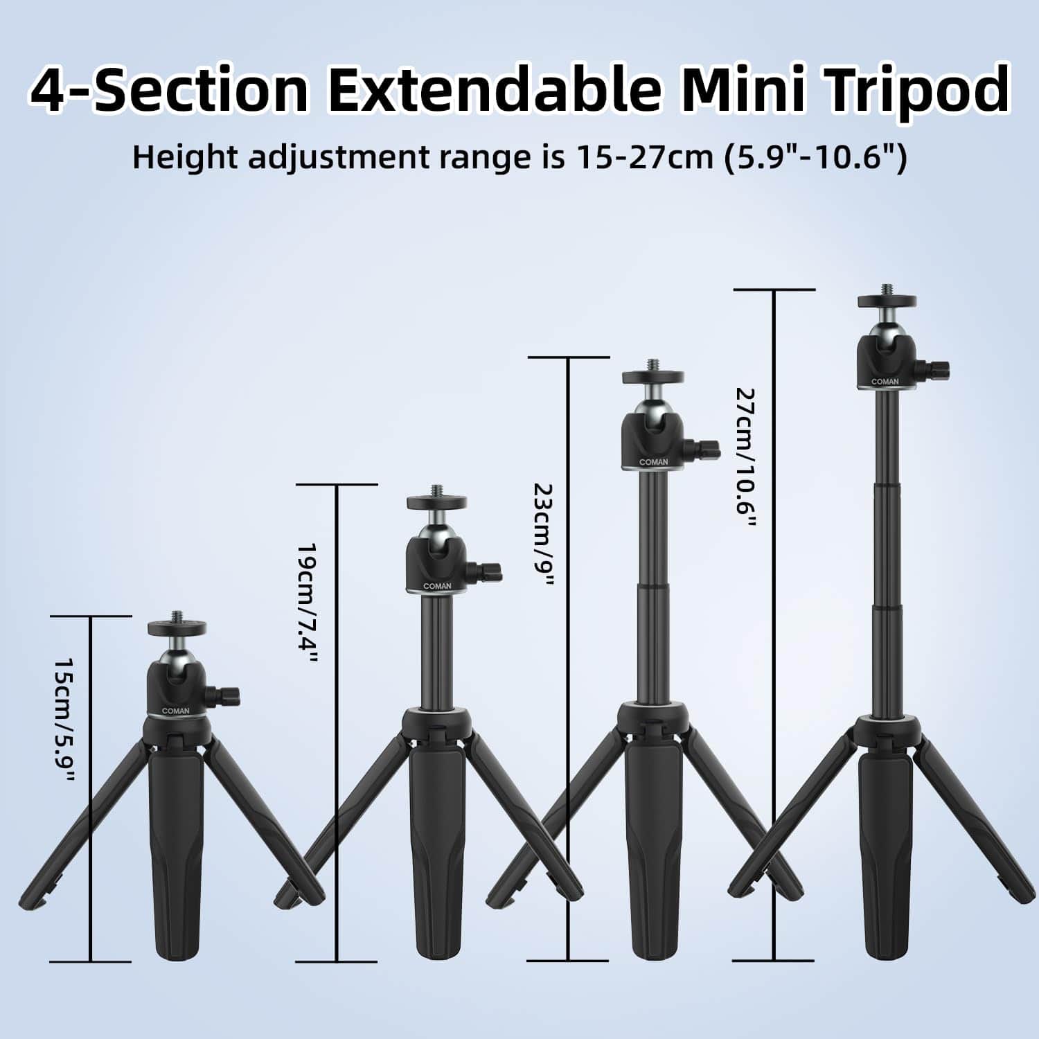 Adjustable mini tripod for photography and videography, lightweight and portable, with height from 15cm to 27cm. Perfect for smartphones, cameras, and DSLR setups.