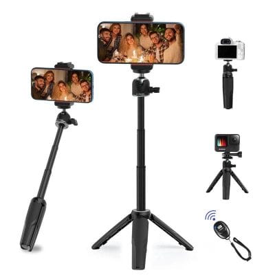 High-quality smartphone selfie and video tripod with adjustable height, Bluetooth remote, suitable for content creation, vlogging, and professional photos at Monalisa Store.