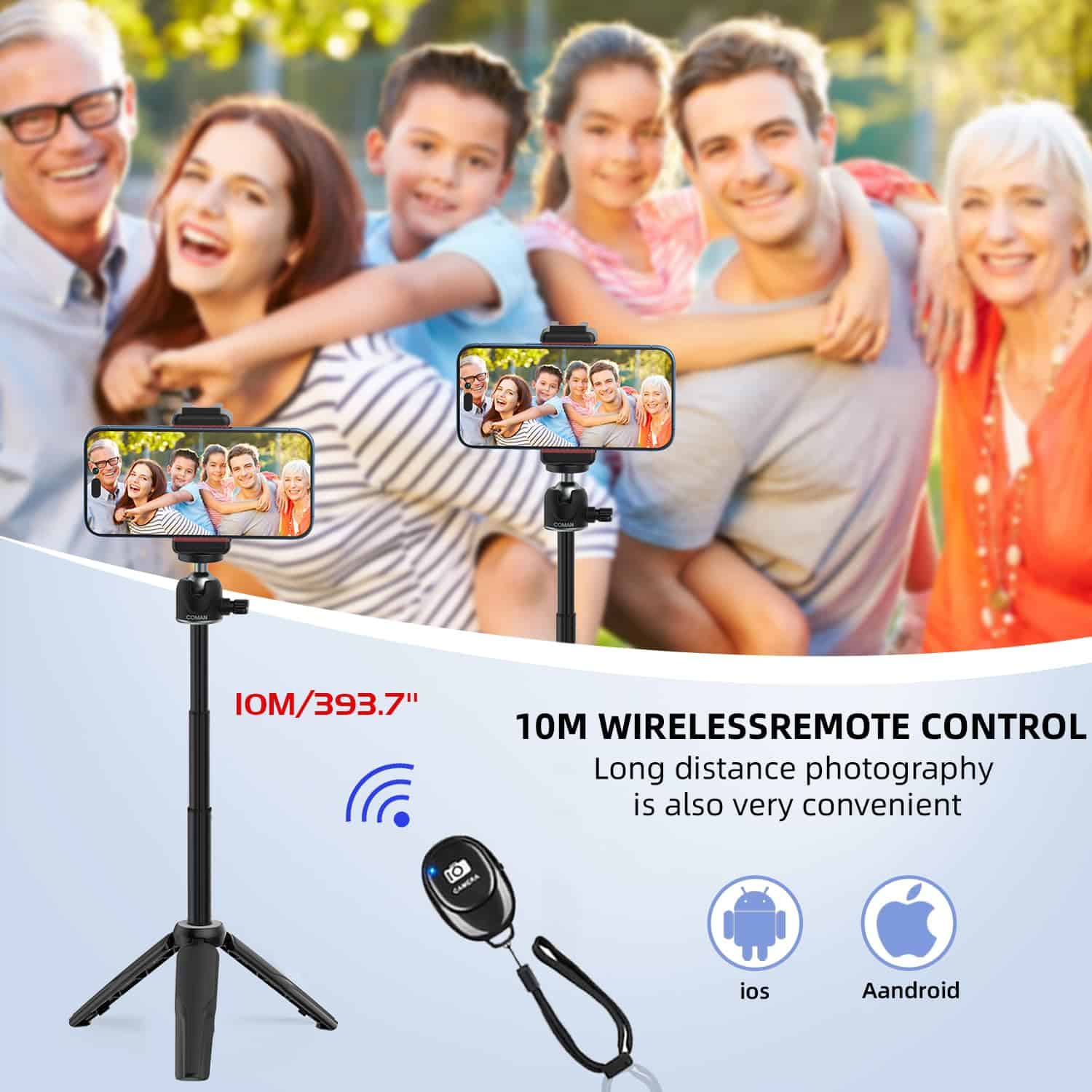 High-quality family photo taken outdoors, illustrating the use of a 10-meter wireless remote control selfie stick with smartphone mount for long-distance photography.