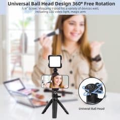 High-quality universal ball head for vlogging and photography, compatible with LED lights and smartphones, featuring 360-degree rotation and adjustable mount for versatile shooting angles.