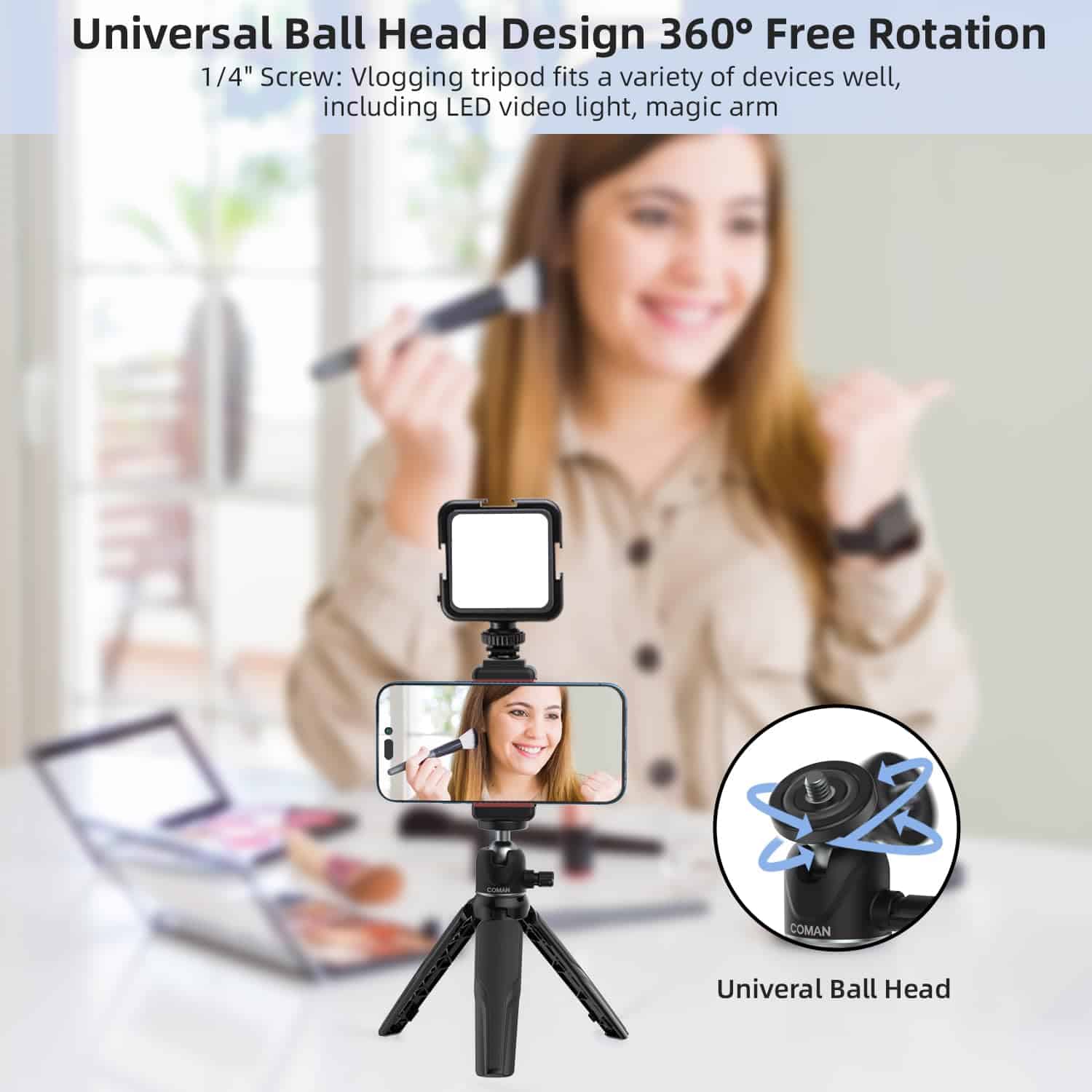 High-quality universal ball head for vlogging and photography, compatible with LED lights and smartphones, featuring 360-degree rotation and adjustable mount for versatile shooting angles.