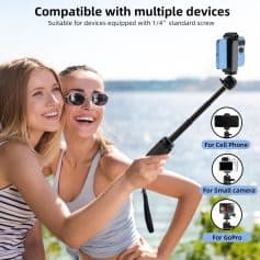 Selfie stick with smartphone for outdoor photography at the lake, ideal for cell phone, small camera, or GoPro, compatible with multiple devices, perfect for travel and outdoor adventures, featured at Monalisa Store.