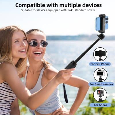 Selfie stick with smartphone for outdoor photography at the lake, ideal for cell phone, small camera, or GoPro, compatible with multiple devices, perfect for travel and outdoor adventures, featured at Monalisa Store.