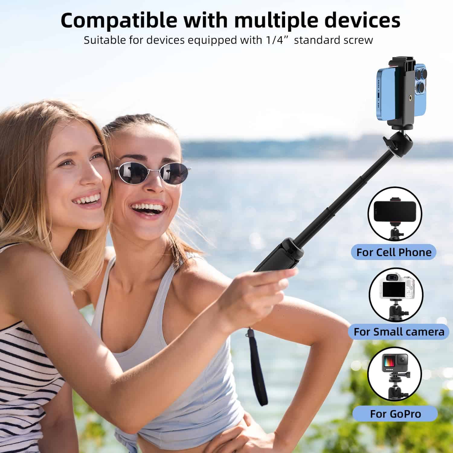 Selfie stick with smartphone for outdoor photography at the lake, ideal for cell phone, small camera, or GoPro, compatible with multiple devices, perfect for travel and outdoor adventures, featured at Monalisa Store.