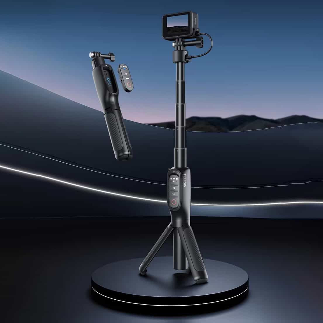 Bluetooth handheld camera stabilizer with adjustable tripod for professional videography and live streaming. Compact, lightweight, and easy to use for smooth footage.