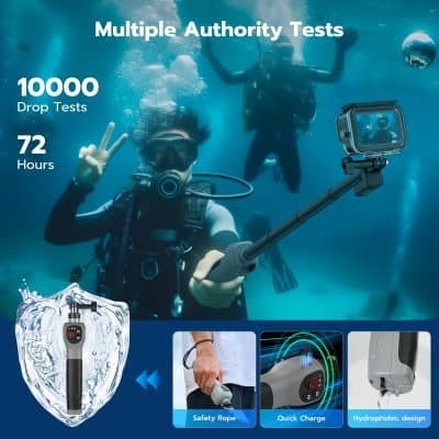 DROP TESTING UNDERWATER DURABILITY FOR POLAROID ACTION CAM, WATERPROOF AND SHOCKPROOF GADGET WITH QUICK CHARGE AND SAFETY ROPE FOR EXTREME ADVENTURES.