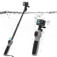 Extended selfie stick with built-in camera and waterproof design, perfect for outdoor photography and videography; compatible with smartphones for versatile usage.