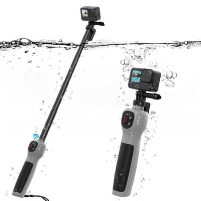 Extended selfie stick with built-in camera and waterproof design, perfect for outdoor photography and videography; compatible with smartphones for versatile usage.