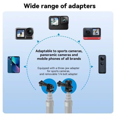 High-quality sports and panoramic camera adapters compatible with most mobile phones, ideal for photography and videography. Suitable for action cameras and smartphones, featuring a three-jaw adapter and removable 1/4 bolt.