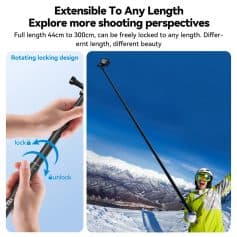 Extended selfie stick with adjustable length from 44cm to 300cm for versatile selfies and vlogging in outdoor or indoor settings. Features a rotating lock design for easy adjustment and secure positioning. Ideal for travel, sports, and photography enthusiasts.