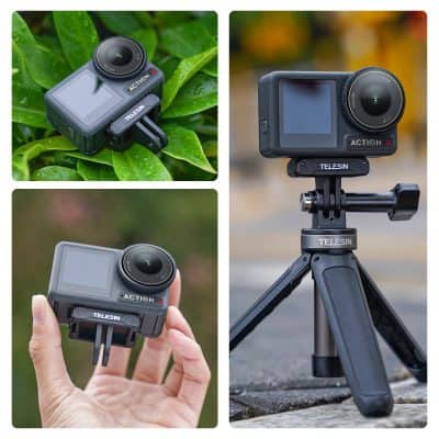Action camera for optical recording and photography, mounted on tripod or handheld, ideal for outdoor and indoor vlogging, travel videos, and image stabilization.