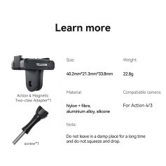 Black Action 4 Magnetic Two-claw Adapter for camera accessories, compatible with Action 4/3 models, made of nylon fiber, aluminum alloy, silicone. SEO optimized for optical equipment, action cameras, and accessories.