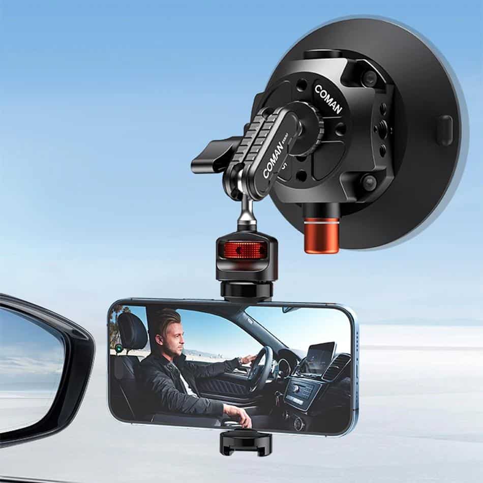 Professional dash camera mounted on a vehicle rearview mirror for enhanced driving safety and recording; ideal for monitoring road conditions and ensuring vehicle security.