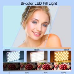 Bi-color LED fill light for professional photography and makeup, offering adjustable color temperatures from warm 2500K to daylight 9000K for perfect lighting effects.