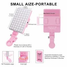 Pink portable LED light for smartphone photography, with adjustable clip and rotatable head, compatible with phones up to 3.14 inches wide, ideal for enhancing selfie and video lighting.