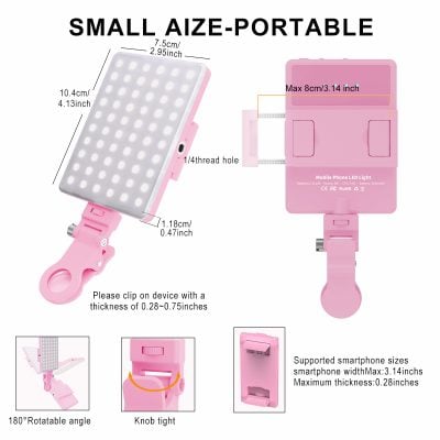 Pink portable LED light for smartphone photography, with adjustable clip and rotatable head, compatible with phones up to 3.14 inches wide, ideal for enhancing selfie and video lighting.