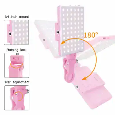 Pink LED Smartphone Selfie Ring Light with 180° adjustable stand, 1/4 inch mount, and rotating lock for perfect lighting during selfies and videos.