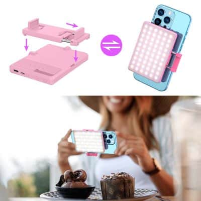 Pink ring light phone holder clip for selfie photos and videos, enhancing lighting quality for selfies.