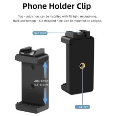 Phone holder clip for mobile phones, adjustable from 5.5 to 8.5 cm, with cold shoe mount and 1/4 inch threaded hole, ideal for tripods and camera accessories.