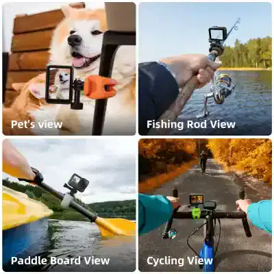 Pet's view, dog and cat taking a selfie outdoors, showcasing pet-friendly camera mount for outdoor photography, ideal for pet owners and outdoor enthusiasts seeking durable, easy-to-use gear.