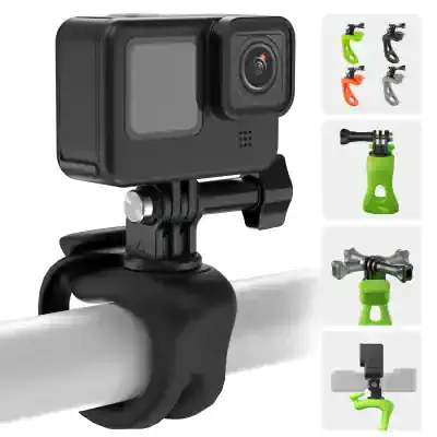 Mountain bike action camera mount with adjustable clamp and quick-release system for bike handlebars.