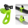 Green silicone GoPro mount with adjustable clamp for cameras and accessories for outdoor activities and sports.