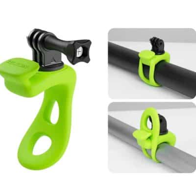 Green silicone GoPro mount with adjustable clamp for cameras and accessories for outdoor activities and sports.