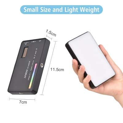 Compact portable LED light for photography and videos, lightweight and small size with dimensions 11.5cm x 7cm x 1.5cm, perfect for mobile use.