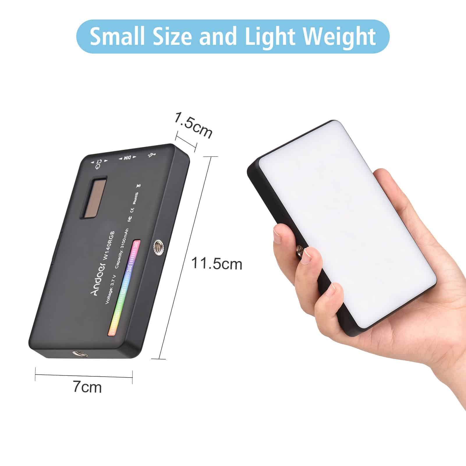 Compact portable LED light for photography and videos, lightweight and small size with dimensions 11.5cm x 7cm x 1.5cm, perfect for mobile use.