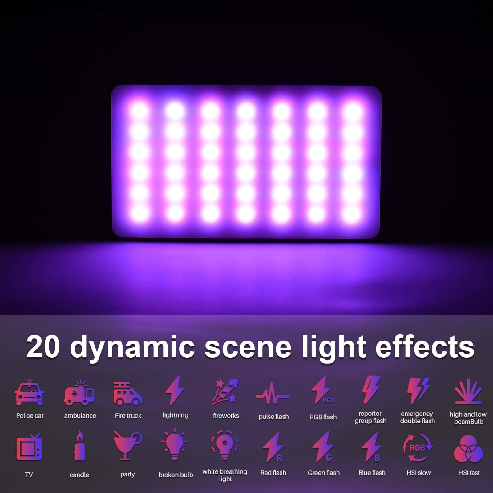 LED light panel for aesthetic lighting and ambiance, ideal for photography, events, or decorative purposes, featuring 20 dynamic scene light effects.