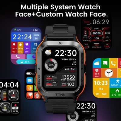 Smartwatch display showing fitness tracking, step counter, heart rate, and weather features on a sleek black watch face designed for health-conscious users.