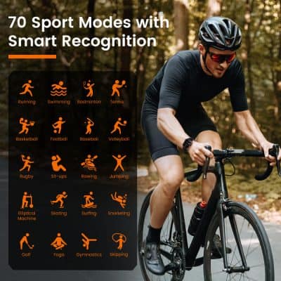 Bike rider exercising outdoors wearing sports gear and smart recognition technology in the background.