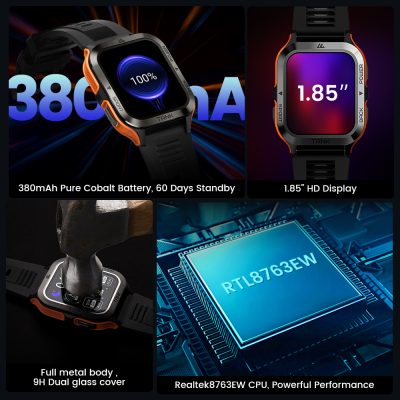 High-tech smart watch with 380mAh cobalt battery, 1.85-inch HD display, durable full metal body with 9H glass, and powerful Realtek8763EW CPU, ideal for fitness and health tracking.
