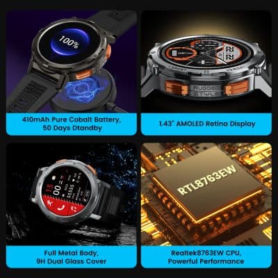 410mAh pure cobalt battery smartwatch with 50 days standby, long-lasting power for reliable use.